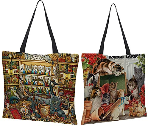 crazy bean 2 StüCk Stoffbeutel Bedruckt,Wiederverwendbare Einkaufstasche Katzenmuster-Design Leinen Tasche Hohe KapazitäT Perfekt Als Einkaufstasche 43x43cm