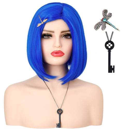 Damen Kurze Blau Perücke, ATAYOU Glatt Blau Bob Perücke mit Schmetterling Haarspange und Schwarz Knopf Schlüssel Halskette für Coraline Halloween Cosplay Kostüm