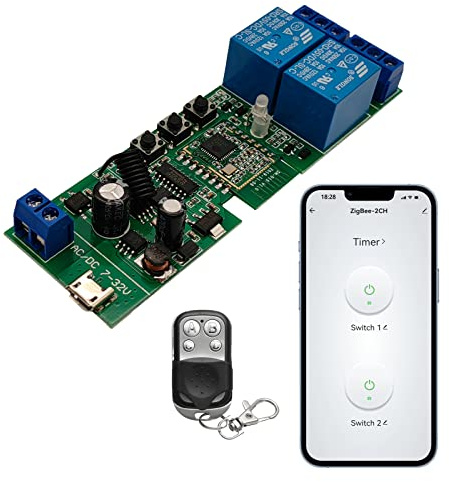 Newgoal Zigbee Tuya Smart 2 Kanal Smart Relaismodul mit 433RF Fernbedienung, USB 5V 7-32V Jog/Lock-Schalter, funktioniert mit Alexa Google Home (erfordert ZigBee Hub)