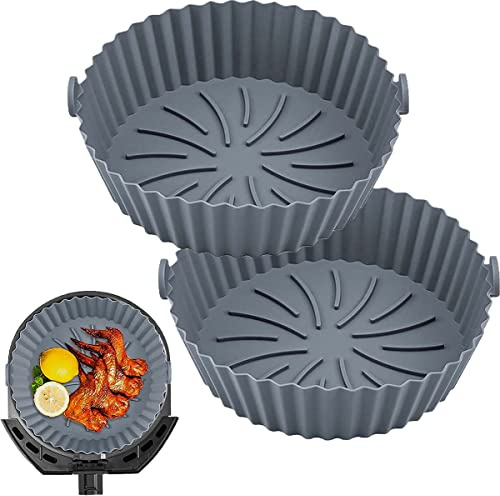 2Pcs Silicone Liners Reusable Air Fryer Silicone Pot Heat Resistant Round Silicone Baking Pan/Basket Air Fryer Accessories Paper Liners Replacement for Oven Microwave (Grey)