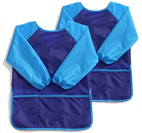 Torytoe 2 Stück Malkittel kinder, Wasserdicht Kinder Malschürze 7-12 Jahre Mädchen/Junge, Bastelschürze mit Ärmeln und 3 Taschen, Malerkittel für Schule Kunst Malerei, Kochen, Essen (L-Blau)