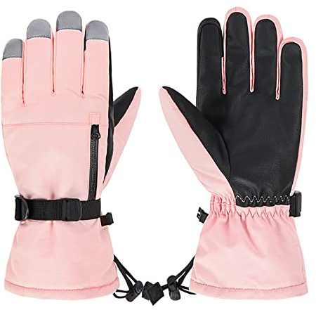 Guantes de esquí unisex de invierno cálidos guantes de nieve para hombres y mujeres, guantes impermeables con pantalla táctil guantes de snowboard con bolsillos rosa, talla L