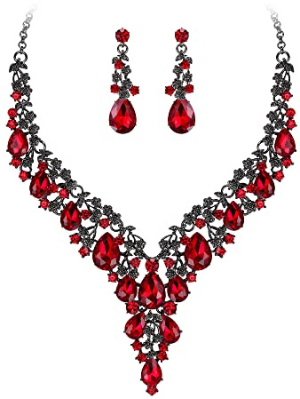 Clearine Juegos de Joyas de Mujer Boda Nupcial Joyería Conjunto Lágrima Strass Racimo Declaración Collar Pendientes Colgantes Bisutería，Color Rojo Negro-Tono