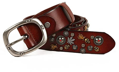 YOPADO Punk Nietengürtel für Herren/Damen Rock Threads Goth Totenkopf & Biene Nieten Vintage Echtleder Gürtel Gothic Kleidung(110cm/waist:36~38, Brown)