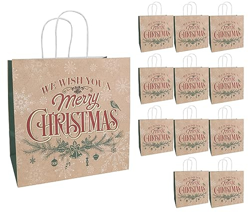 Idena 30363-12 - Geschenktüten Weihnachtlicher Zweig, 12 Stück, 28 x 28 x 15 cm, Papiertüten, Geschenktaschen, Weihnachtstüten