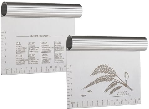 2PCS Dough Pastry Bench Cutter Scraper, OLULU Stainless Steel Kitchen Food Scraper with Protective Cover, Anti-Wear Laser-Engraved Measuring Scale and Ear Of Wheat, Dishwasher Safe (2Pack, 6 inch)
