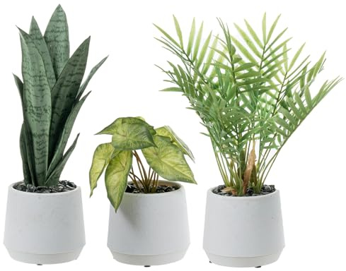 MyGift Modern Assorted Artificial Plants Potted in White Textured Planter Pots, 3 Piece Combo Set Tabletop Greenery House Plant Includes Faux Mini Palm, Arrowhead Vine, and Snake Plant