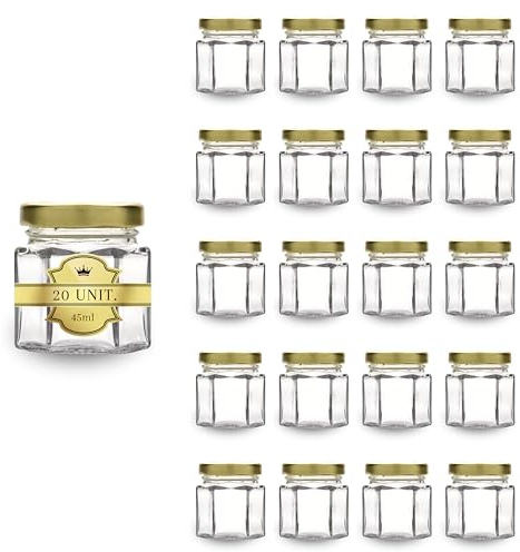 Espirito Rebelde 20x Petit Pot de Miel Hexagonal avec Couvercle 45ml - Idéal pour la Conservation de Miel, Confiture, Épices, Yaourt