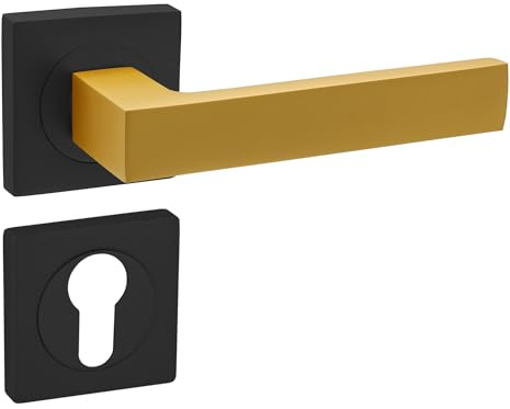 domino Türgriff Drückergarnitur PZ - Profilzylinder Set mit quadratischen PZ Rosetten Türklinke für Zimmertür aus Aluminium Schwarz/Gold Türdrückergarnitur QUBIK-QR BLACK/K-GOLD MATT