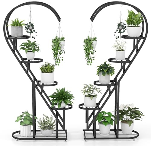 GOPLUS Support Plantes Interieur en Métal à 5 Niveaux, 148 CM de Haut, 2 PCS Porte Plante Interieur avec 10 Étagères à Latte, 4 Crochets Suspendues pour Plantes Forme Cœur, pour Salon, Chambre (Noir)