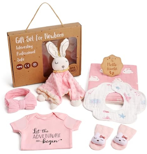 Lictin Geschenke zur Geburt, Rosa Geschenk zur Geburt Mädchen,Babygeschenke | Babygeschenke zur Geburt Mädchen mit Strampler, Decke, Lätzchen, Socken, Kopftuch, Kaninchen Schmusetuch, Baby Holzschild