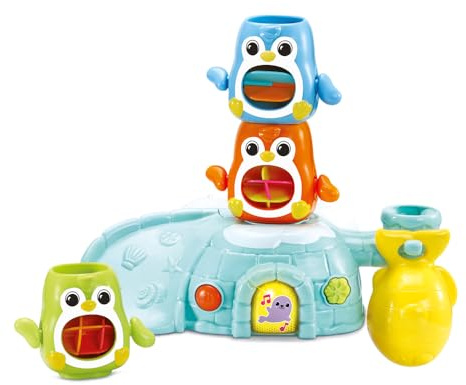 VTech - 1, 2, 3 Empilo Pingouins, Jouet de Bain Tour à Empiler Bébé, Igloo Interactif et Musical avec Trio de Pingouins et 2 Ventouses de Fixation, Cadeau Enfant Dès 1 an - Contenu en Français