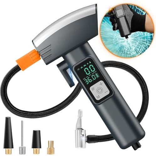 6 IN 1 Elektrische Luftpumpe mit Sicherheitshammer und Gurtschneider, 5200mAH Tragbar Akku Kompressor mit 5 Modi,LED Licht, LED-Digitalanzeige,Rettungswerkzeug, Autozubehör für den Notfall (A)