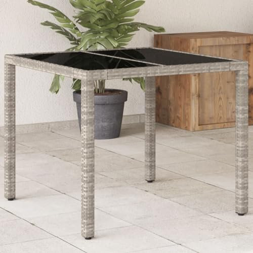 HEFZGDB Gartentisch mit Glasplatte Hellgrau 90x90x75 cm Poly Rattan Campingtisch Gartentisch Balkontisch Geeignet für Gärten, Terrassen, Decks.
