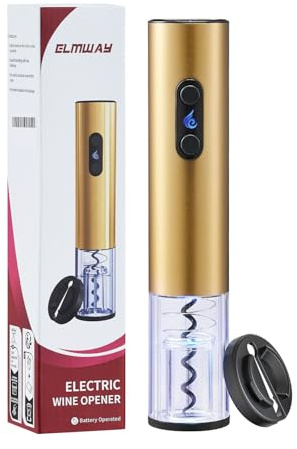 ELMWAY VinoLux Series Battery Electric Wine Opener – Electric Corkscrew, Foil Cutter, Dual LED Lights, Transparent Window & Brushed Stainless Steel Shell, 4 AA Batteries Required (Gold)