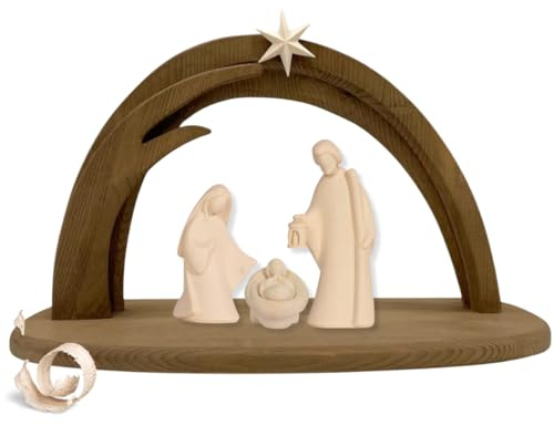 Akantus Krippe aus Holz: HL. Familie Natur mit Krippenbogen (13 cm)