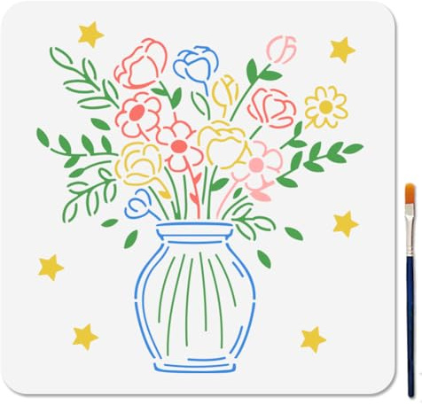 MAYJOYDIY Flower Vase Stencil Wildflowers Painting Stencils 30x30cm Floral Bouquet Reusable Plastic Templates with Paint Brush for Craft on Window Wood Wall Home Decoration DIY