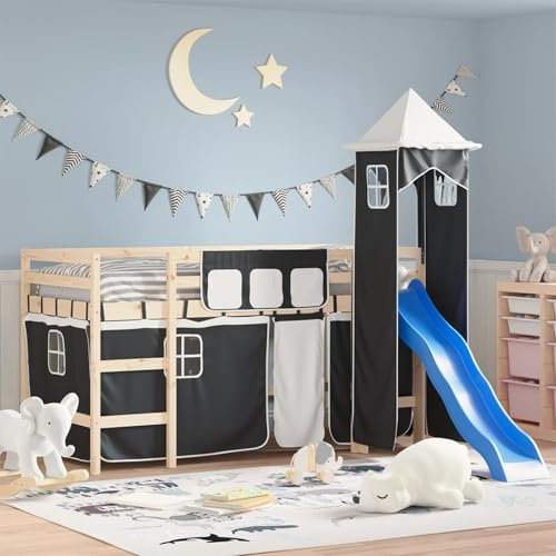 ShGaxin Vorhänge für Hochbetten mit Turm, Polyester, Weiß und Schwarz, Bettgestell, Bettgestell, Bed Frame, Schlafzimmerbett, Lattenrost - 835922