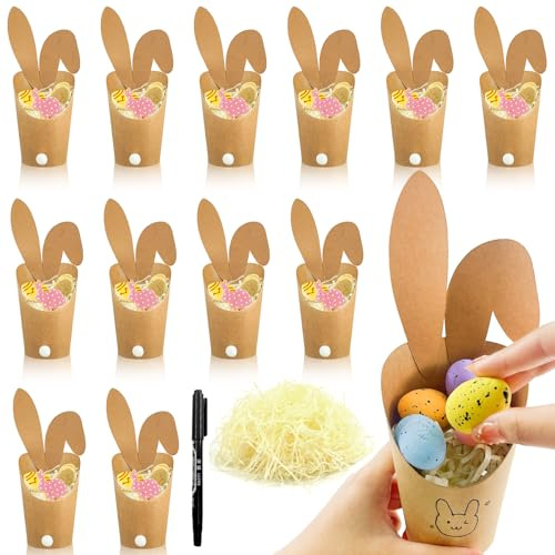 12 Sets DIY Osterhasen Tüten, Osterhasen Zum Selber Basteln Und Befüllen | Mit Niedlichen Hasenohren Papier Braunen Becher Weißen Plüsch Kugeln, Osternester Zum Befüllen, Osternest Zum Basteln