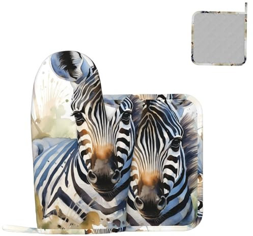 2 pcs Oven Mitts and Pot Holders Set Cute Zebra Watercolor Oven Mitt Heat Resistant Oven Gloves for Cooking Non-Slip Hot Pads Washable Cooking Gloves for Baking BBQ Microwave
