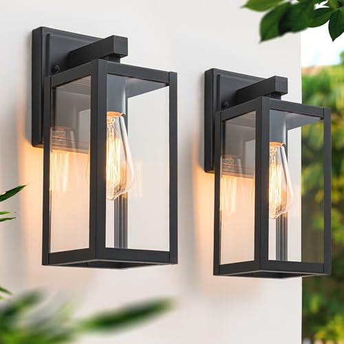 FTL Outdoor Lantern Wall Lights,E27 Wall Lantern Porch Light Outdoor,Max 60W,Exterior Wall Sconce with Clear Glass Shade,Outside Wall Lamps IP44 Waterproof for Yard,Hallway,Matte Black,2-Pack