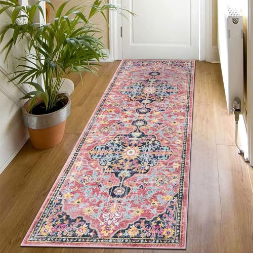 SHACOS Boho Teppichläufer Flur rutschfest 60x180 cm Kurzflor Flauschiger Weich - Küchenteppich Waschbar- Vintage Läufer für Flur, Küche, Schlafzimmer, Hellrosa
