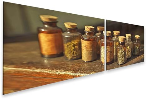 islandburner Impression sur toile de qualité supérieure - Bouteilles de pharmacie anciennes avec herbes et épices - Pour cuisine, cuisiniers amateurs, épicerie - Images murales