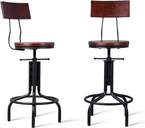 JNTFNE Barhocker im Industriedesign, 2er-Set mit Rückenlehne, höhenverstellbar, Kücheninselhocker, Bauernhaus-Kaffeestühle, Vintage-Drehhocker mit Holzplatte, Walnussholz, 18 22 Zoll