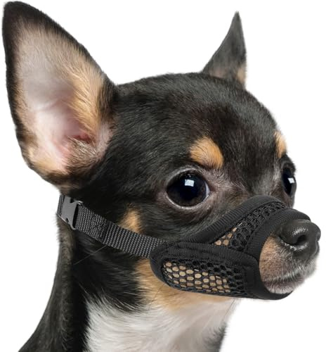 Mayerzon Mesh Muzzle for Short Snout and Small Medium Dogs Anti-Biting | Fits Brachycephalic Dogs Chihuahua Pomeranian, Opening Front, Allow Panting, Grooming Vet Visits Use, Soft Fabric | XXS