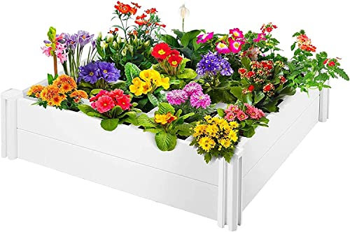 Jardinière surélevée en PVC pour l'extérieur - 115 x 115 x 34 cm - Assemblage sans vis - Grille de culture incluse - Parfait pour les légumes et les fleurs - Cadre de palette durable