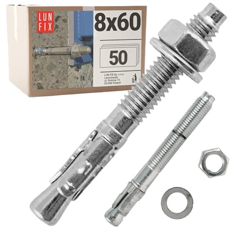 Boulons ancrage béton 8x60 50 pcs, tige filetée, écrou, rondelle | Cheville molly acier zingué avec goujon, Fixation charge lourde, vis béton, scellement chimique, Ancrage robuste