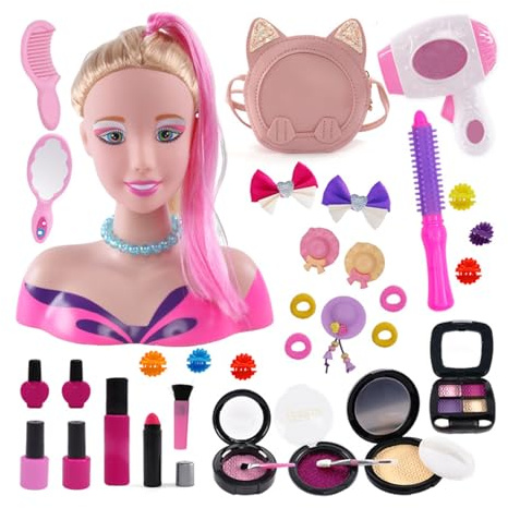Kids Hairdressing Set Makeup Dolls,Styling Head Age 3+, Blond Hair with 35 Colorful Accessories, Doll Head for Hair Styling,Christmas and Birthday Gift, Styling Head Doll Set for Girls (A-35pcs)