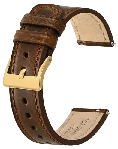 BISONSTRAP Bracelets de Montre en Cuir, Cuir Ciré à L'huile Classique, Bracelet de Remplacement à Dégagement Rapide pour Hommes et Femmes, 20mm, Marron Foncé (Boucle Dorée)