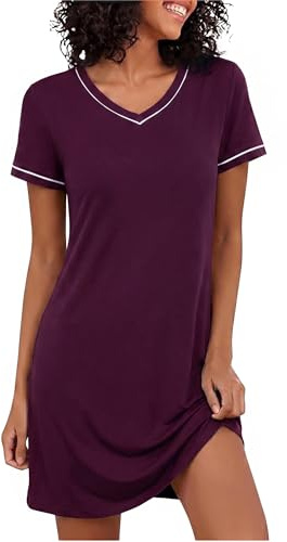 Marvmys Camisón Mujer Algodón Verano Cuello en V Manga Corta Suave Cómodo Liso Elegante Ropa de Dormir Morado Oscuro XXL