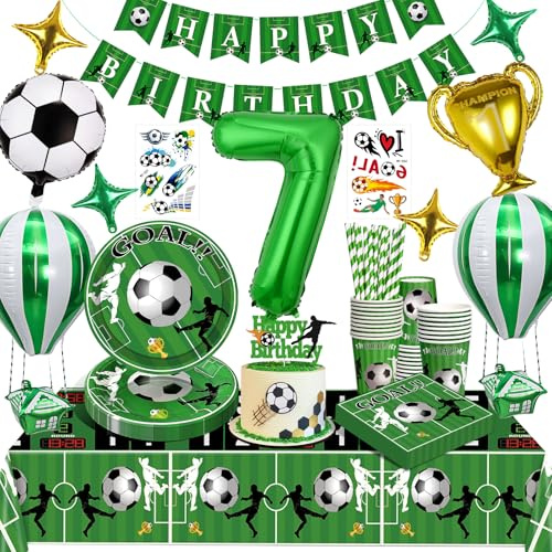 WINAROI Set Decorazioni Feste Calcio 7 Anni,Piatti Compleanno Bambini,Forniture Feste Calcio,Palloncini, Piatti,Tovaglia,Striscioni,Cannucce,Bicchieri Kit Compleanno Calcio