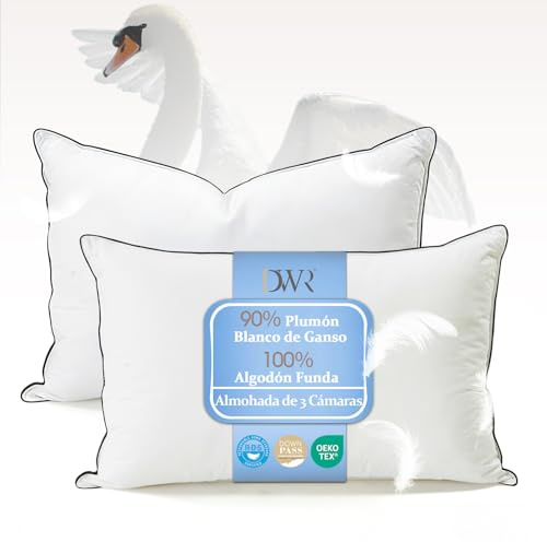 DWR Cuscino in Piuma D'oca 50x75 set di 2 | Cuscini Ergonomici a 3 Camere | 90% Piuma D'oca Bianca Esterna | Miscela di Piume Interna | Tessuto 100% Cotone Biologico | Supporto Medio | RDS e Oeko-TEX