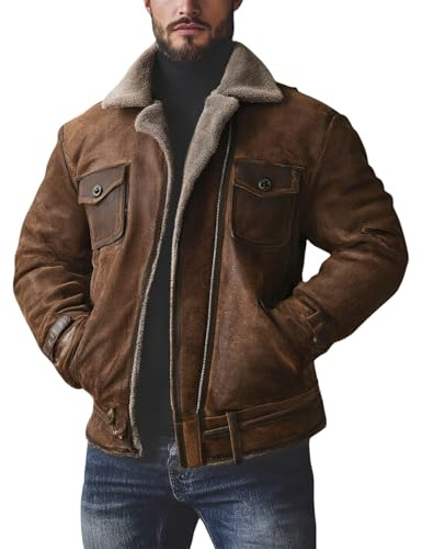 Veste en daim pour homme avec doublure en fausse fourrure - Style vintage - Col montant - Manteau d'hiver chaud, marron, L