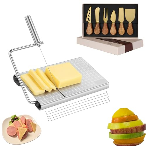 Générique Coupe-fromage,Trancheuse fil inox pour tranches nettes,Sans émiettement,Stable anti-dérapant,Remplacement de fil en10s,Usage domestique-et-événements,Pack cadeau (trancheuse+set6)(DOR)