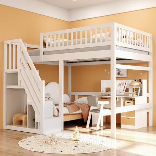 YCYDHDM Hochbett Kinderbett 140x200 cm, Treppe mit Aufbewahrungsschrank, Etagenbett mit Lattenrost, Sicherheitszaun-Design, Bett für Kinder und Jugendliche, Bettgestell aus Kiefernholz, Weiß