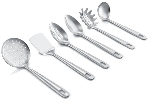 Arendo – Küchenset 6-teilig Edelstahl – Küchenutensilien – Pfannenwender Suppenkelle Pastalöffel Sieblöffel Großer Löffel Schlitzlöffel - hochwertig und robust – hitzebeständig – einfache Reinigung