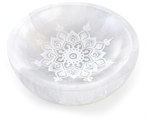 Placa redonda de Selenita Natural, 10 cm, Disco de carga circular cristal con Grabados Místicos, para Meditación y Energía, Nudo de Bruja, 7 Chakras, Flor de la Vida (Cuenco con Flor de Loto mediana)