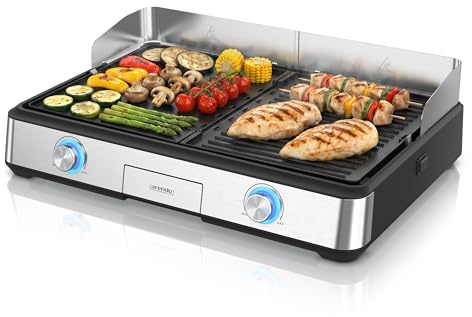 Arendo - Tischgrill elektrisch mit 2 Grillzonen - 2 Thermostate - Elektrogrill Edelstahl – 2800W Leistung – Antihaft-Beschichtung –Spritzschutz – Für Balkon Küche Terrasse Garten