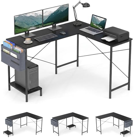 COSTWAY L-Shaped Computer Desk, Metal Frame Reversible Double Study Writing Workstation with Drawer and CPU Stand, Large Long Corner Home Office Desk Wooden PC Laptop Gaming Table