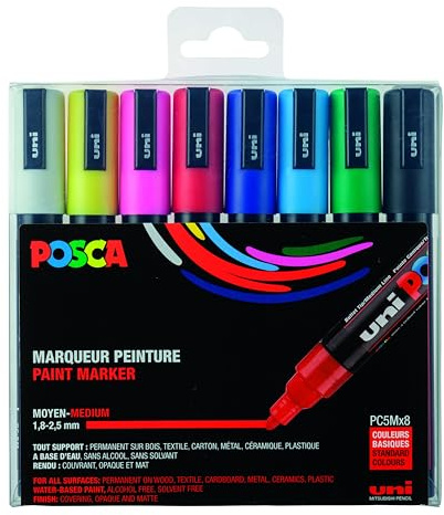 uni-ball 182512 - POSCA Marker mit mittelfeiner Rundspitze, 8er Set, Grundfarben