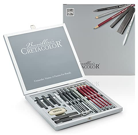 CRETACOLOR Silver Box, 17-teiliges Graphit Künstlerset in Holzkassette, inkl. Zubehör