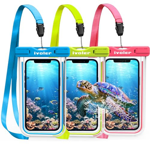 ivoler [IPX8 Certificado [3 Unidades] Funda Bolsa Móvil Impermeable Universal para Xiaomi, iPhone, Samsung Galaxy, Huawei, Smartphones, Monedas, Pasaporte, etc. (Azul+Verde+Rosa)