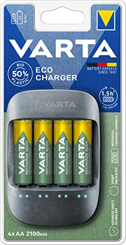 Varta caricabatterie ricaricabili 57680101451, realizzato con 50% di materiale bioplastico, 4 batterie stilo AA da 2100 mAh incluse