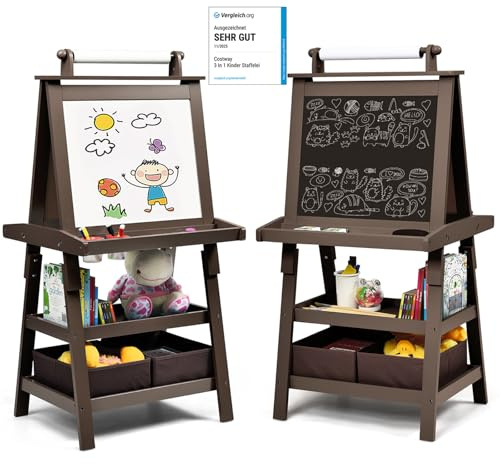COSTWAY 3 in 1 Kinder Staffelei, Kindertafel doppelseitig, Whiteboard & Kreidetafel & Zeichenpapier, Standtafel inkl. Magneten, 2 Regalebenen Holztafel mit 2 Aufbewahrungsboxen (Kaffe)