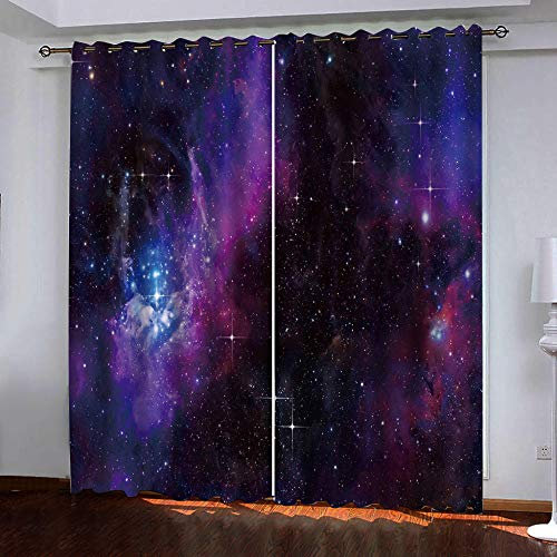 Vorhang Kinderzimmer Universum Sternenhimmel Weltraum Kinder Vorhänge mit Ösen Polyester Gardinen Thermovorhang Blickdicht Ösenschal Kindergardinen für Wohnzimmer,2er Set,75x166cm (B x H),Lila