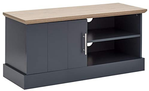 GFW Kendal Oak Small Unit with Display Shelves & Storage, Wooden Entertainment Stand Cabinet with Rear Cable Entry for Max 43 Inch TV, Slate Blue, H-48cm x W-100cm x D-39cm